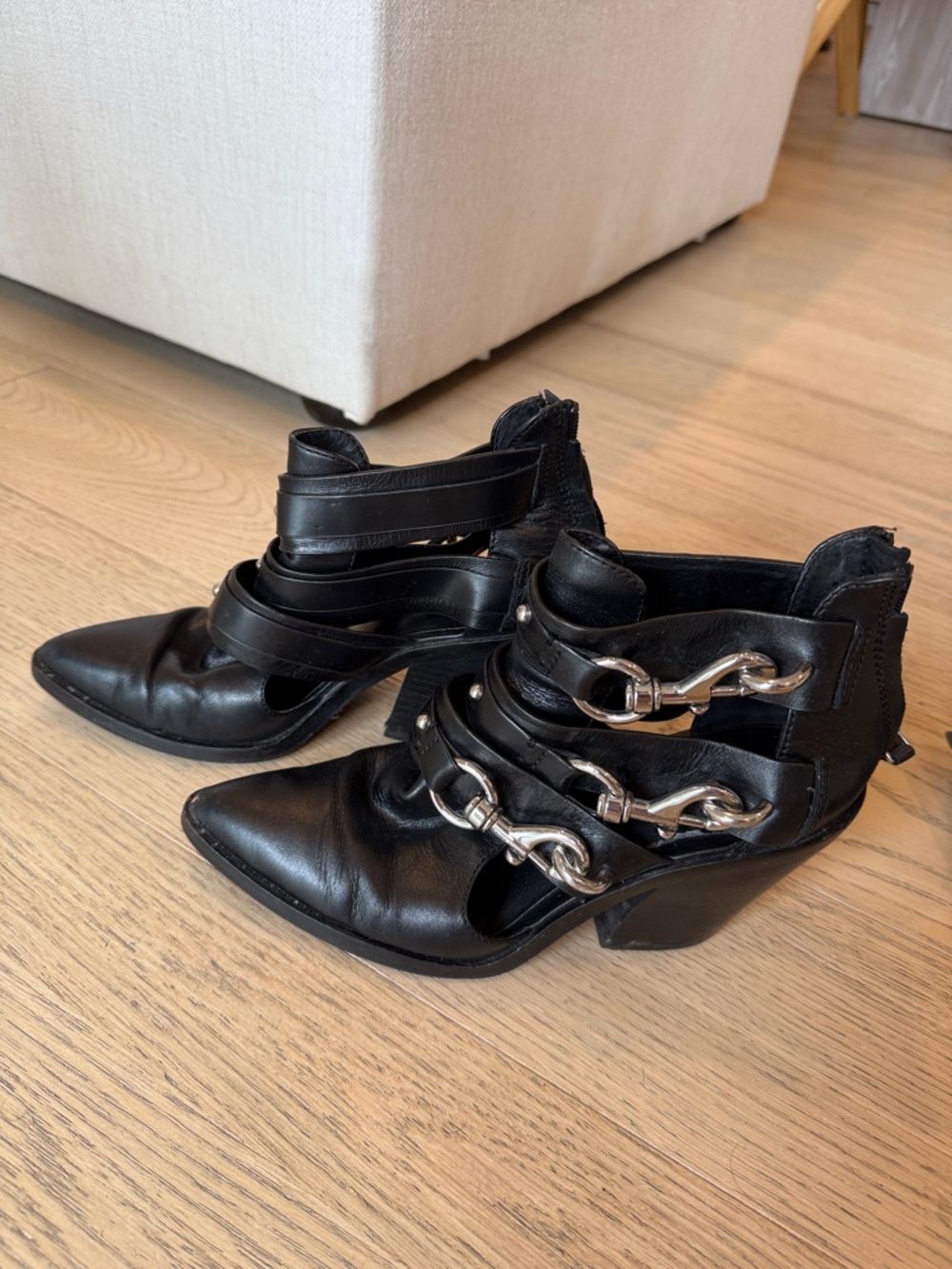 Rebecca Minkoff Black Strappy Pointed Heel Ankle Boots
